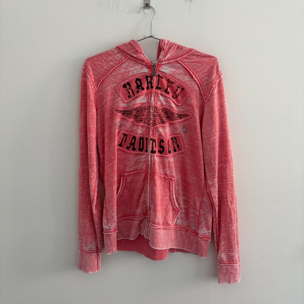 Harley Davidson Womens Zip Up Hoodie Pink Acid Wash Graphic XL
